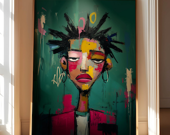 May include: Abstract portrait art print featuring a person with colorful facial features and spiky hair. The artwork has a teal background with splashes of pink, yellow, and white. The subject wears a pink jacket and hoop earrings, framed in a gold border.