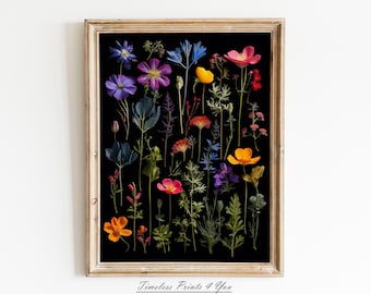 Pressed Flower Art, Dark Botanical Print, Dark Floral Wall art, Dark Floral Print, Botanical Wall Art, Dark Wall Art, Dark Floral Painting