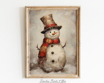 雪だるまウォールアート、雪だるまアートプリント、雪だるまプリント、素朴な雪だるま装飾、クリスマス装飾プリント、素朴なクリスマスアート、ヴィンテージクリスマスプリント