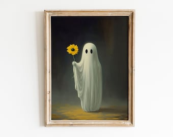 Ghost-portret, geest met bloem, schattige spookkunstprint, spookmuurkunst, spook afdrukbaar, spookachtig kunstwerk, spookschilderij