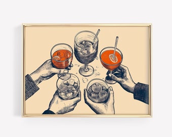 Può includere: Quattro mani alzano bicchieri di diversi cocktail, tra cui un cocktail rosso, un cocktail scuro con ghiaccio e un cocktail rosso con una fetta di lime. I bicchieri sono su uno sfondo beige.
