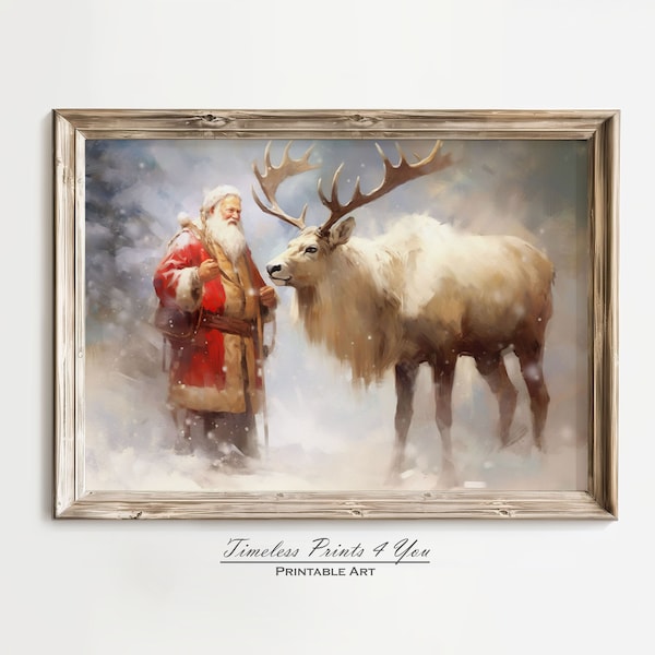Santa Reindeer Decor, Reindeer Print, Santa Reindeer Print, Santa Claus Print, Vintage Santa Print, Christmas Deer Print, winter scene print