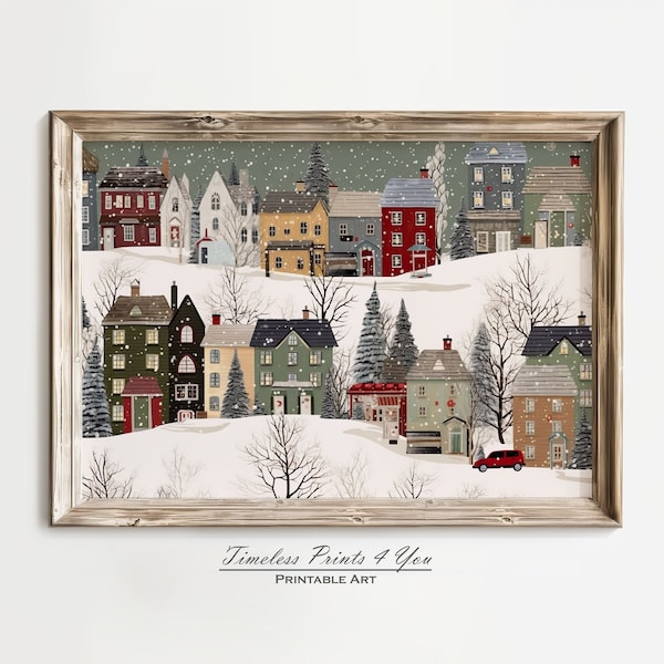 Winterdorf Kunst, Winterdorf Gemälde, Vintage Winterszene, Winter Wand Kunstdruck, Land Winter Druck, Winter Haus Druck