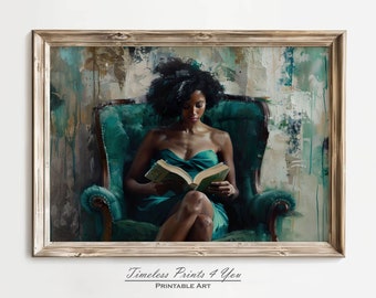 May include: A painting of a woman with dark curly hair sitting in a teal armchair and reading a book. The background is a textured, abstract painting in shades of teal, green, and brown.