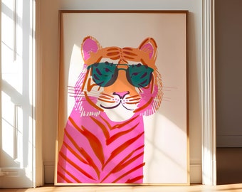 Pink Tiger Wall Art Prints, Retro Tiger Print, Preppy Maximalist Wall Art, Pink Preppy Wall Art, Coquette Room Decor, Pastel Wall Art