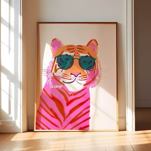 Pink Tiger Wall Art Prints, Retro Tiger Print, Preppy Maximalist Wall Art, Pink Preppy Wall Art, Coquette Room Decor, Pastel Wall Art