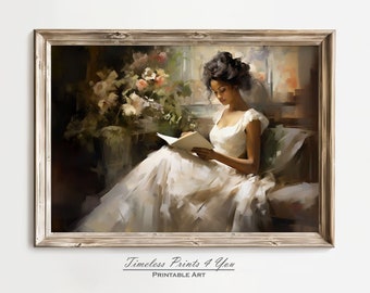 May include: A framed print depicting a woman in a white dress reading a book, with flowers and a window in the background. The artwork has a vintage style with soft colours and brushstrokes. The text "Timeless Prints 4 You Printable Art" is at the bottom.