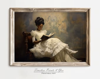 Black Woman Wall Art, African American Art, Book Reading, Library Decor, Feminist Art, Black Woman Fashion Wall Art, Black Female Painting