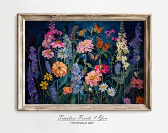 Wildflower With Butterflies Print, Digital Summer Prints Butterfly, Vintage Butterfly Print, Butterfly And Flower Prints