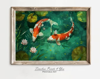 Japanese Koi Fish Pond Art Print, Japandi Green Wall Decor (Digital Download)