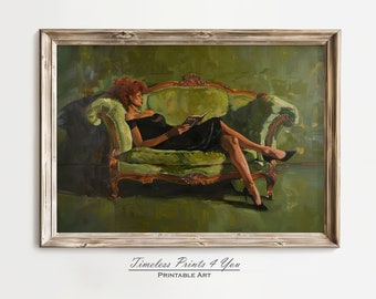 May include: A painting of a woman in a black dress sitting on a green velvet sofa and reading a book. The sofa is ornately carved and has a high back. The woman's hair is red and she is wearing a necklace. The background is a dark green.
