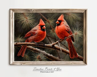Cardinal Painting, Cardinal Wall Art, Bird In Tree Painting, Printable Art Vintage Bird, Bird Wall Art, Bird Art Print, Winter Holiday Decor