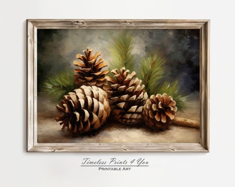 Arte de piñas, impresión de piñas, decoración de piñas, arte de piñas, decoración de piñas, piñas, impresión de escenas invernales, arte mural imprimible de invierno