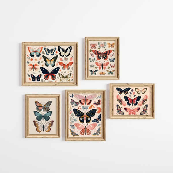 Boho Schmetterling Kunst, Druckgalerie Wandkunst 5er-Set, Floral Schmetterling Kunst, Boho Schmetterling Druck, große Schmetterling Kunst, Schmetterling Kunst Kindergarten