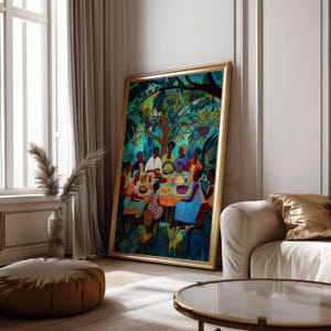 May include: A framed art print showing a colourful outdoor scene. The artwork features a group of people seated around a table under a tree, with green foliage and bright clothing. The frame is gold.