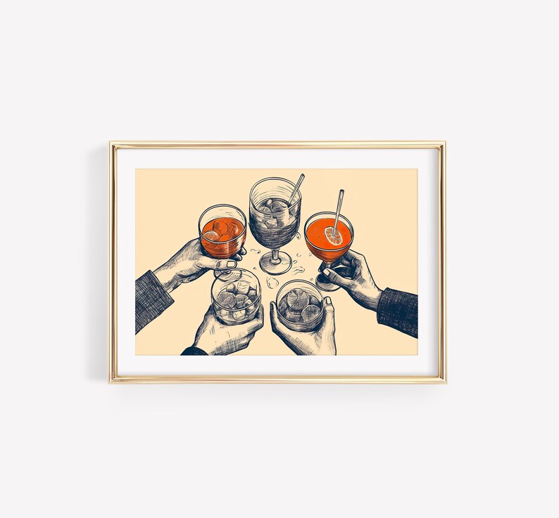 Puede incluir: Una ilustraci&oacute;n dibujada a mano de cuatro personas brindando con c&oacute;cteles. La ilustraci&oacute;n est&aacute; en blanco y negro con acentos naranjas para las bebidas. Las bebidas incluyen una copa de vino tinto, una copa de jugo de naranja, un vaso de whisky con hielo y un vaso de whisky con hielo.