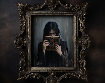 Dark Academia Woman Reading Bookish Wall Art Print, Dark Academia Decor, Moody Reading Nook Painting, Book Lover Gift, Gothic Wall Art