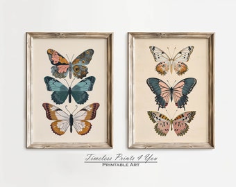 Butterfly Print Set of 2, Butterfly Print Wall Art, Butterfly Wall Art Printable, Butterfly Wall Art Digital Download, Vintage Butterfly Art