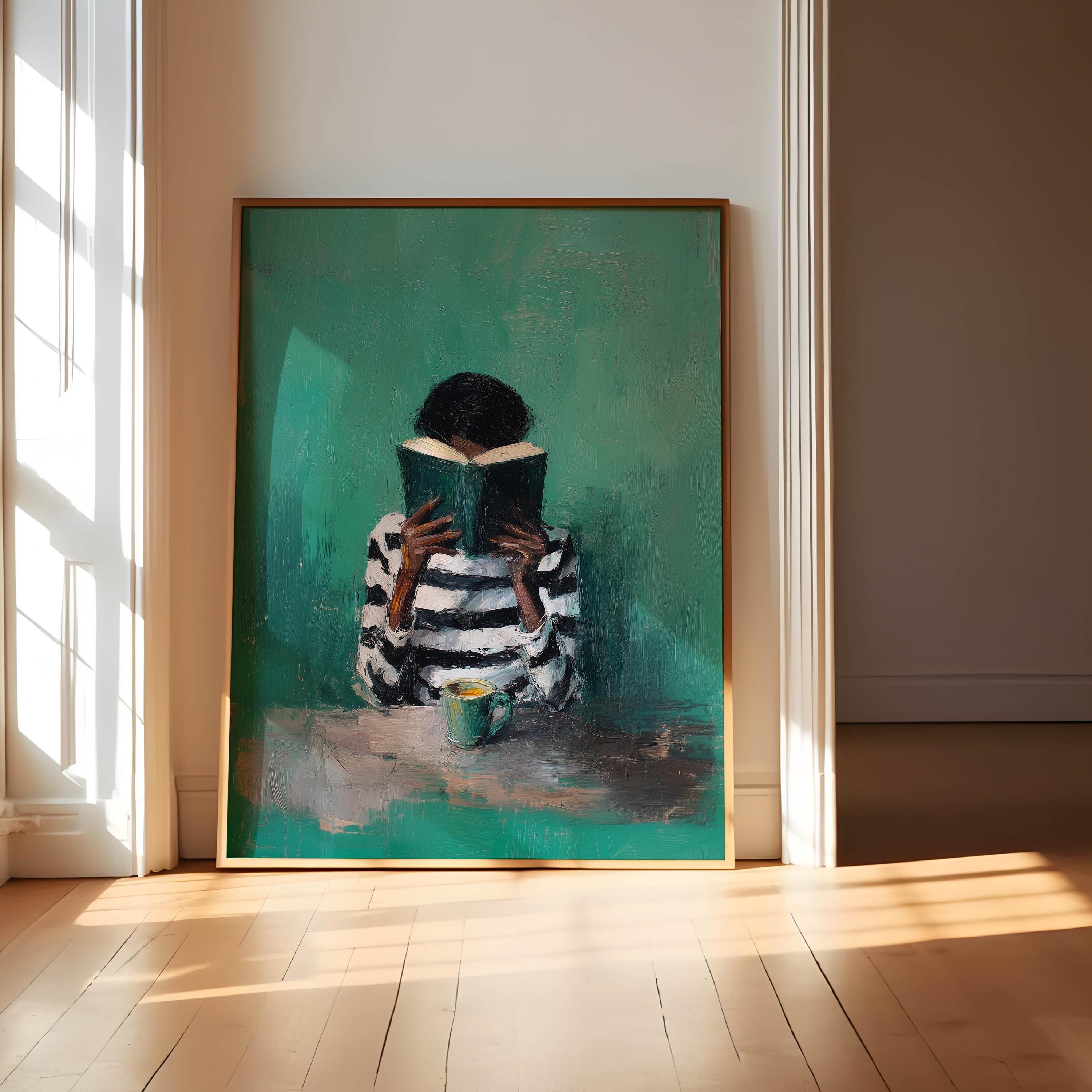 Black Woman Reading Art, Black Art Prints, Emerald Green Abstract Paintings Of Women Reading, Vintage Painting Black Woman, Coffee Wall Art