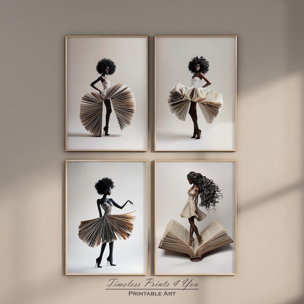 Black Woman Art Set of 4, Black Woman Reading, Black Art Prints, Black Women Art, Black Girl Wall Art, African American Art, Black Woman Ai