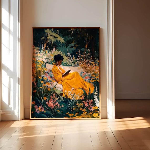 Black Art Woman Reading, Black Girl Reading, African American Art, Black Art Prints, Bookish Decor, Black Woman Painting, Colorful Art