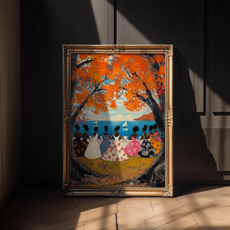 May include: A framed painting depicting a group of women in colorful dresses gathered under a tree with a view of a blue ocean and sailboats in the distance.