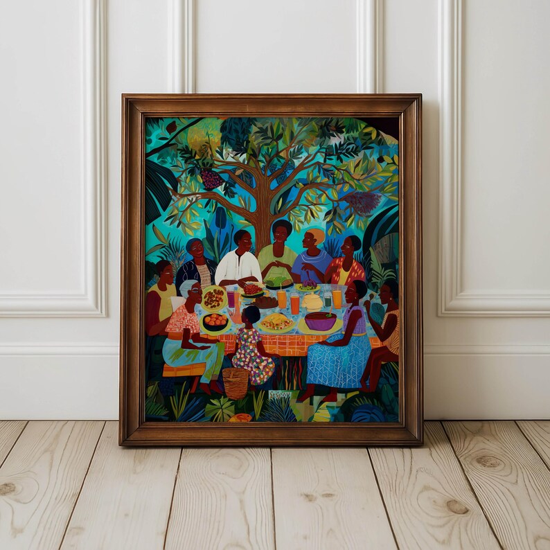 May include: A framed art print showing a colourful outdoor scene. A group of people are gathered around a table, enjoying a meal beneath a large tree. The artwork uses a rich palette of blues, greens, and browns to create a lively atmosphere.