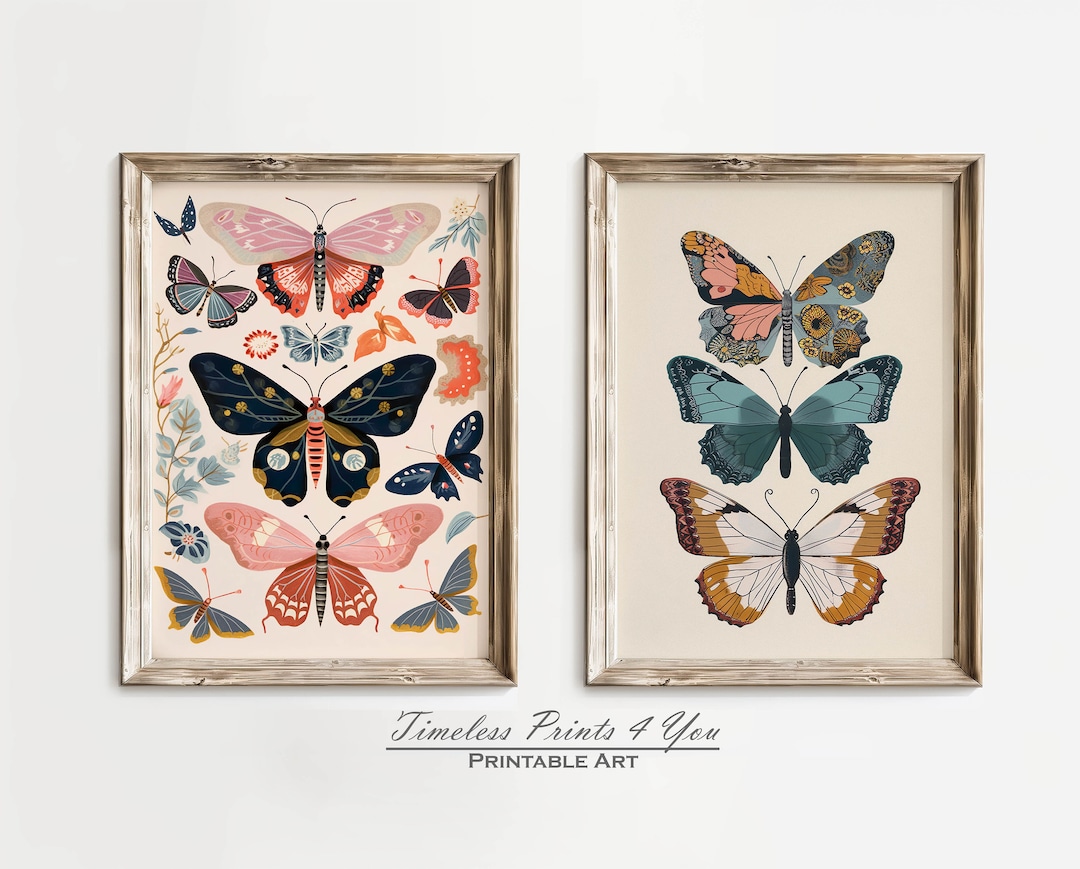 Boho Butterfly Art Print, Butterfly Set of 2, Floral Butterfly Art ...