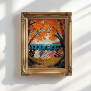 May include: A painting of a group of women in colorful dresses sitting under a tree with orange leaves. The women are facing the ocean, which is blue and has a sailboat in the distance. The painting is framed in a gold frame.