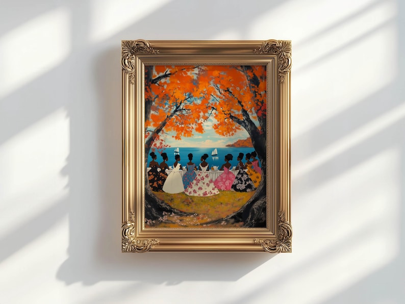 May include: A painting of a group of women in colorful dresses sitting under a tree with orange leaves. The women are facing the ocean, which is blue and has a sailboat in the distance. The painting is framed in a gold frame.