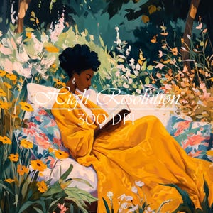 May include: An artistic illustration of a person reading a book outdoors. The person is wearing a long, flowing yellow dress and is seated on a white cushioned bench with floral pillows. The image includes the text "High Resolution 300 DPI".