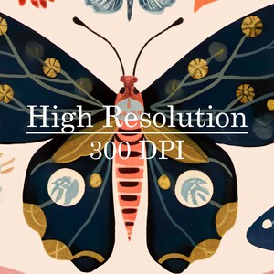 K&ouml;nnte beinhalten: Eine digitale Illustration eines blauen Schmetterlings mit goldenen Akzenten und einem rot-schwarz gestreiften K&ouml;rper. Der Schmetterling ist von anderen Schmetterlingen und Blumen umgeben. Der Text "Hohe Aufl&ouml;sung 300 DPI" ist in Wei&szlig; auf einem goldenen Banner geschrieben.