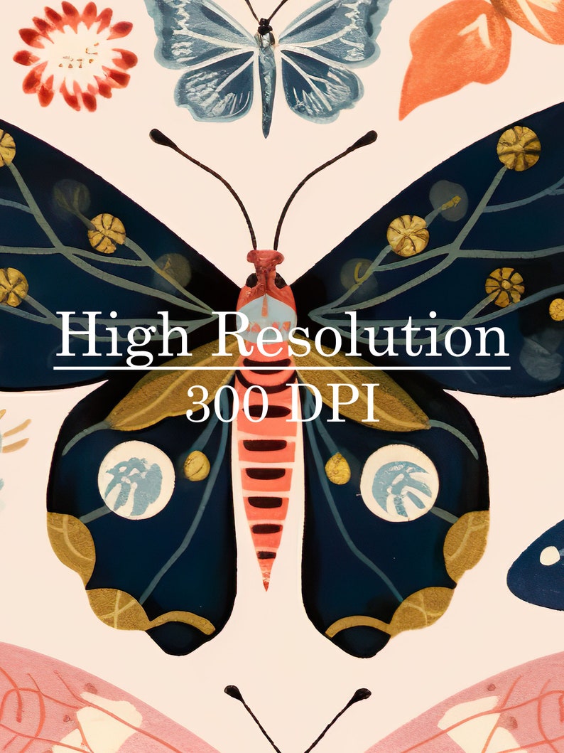 K&ouml;nnte beinhalten: Eine digitale Illustration eines blauen Schmetterlings mit goldenen Akzenten und einem rot-schwarz gestreiften K&ouml;rper. Der Schmetterling ist von anderen Schmetterlingen und Blumen umgeben. Der Text "Hohe Aufl&ouml;sung 300 DPI" ist in Wei&szlig; auf einem goldenen Banner geschrieben.
