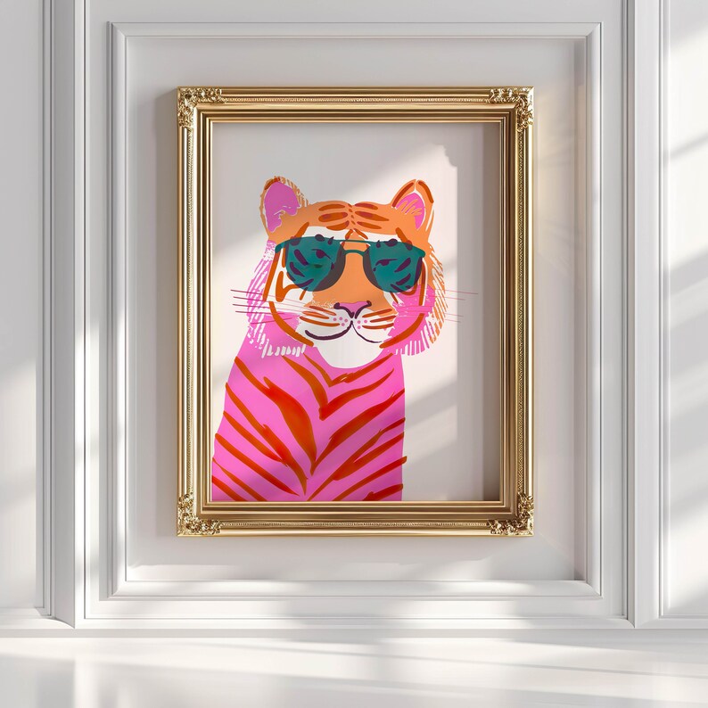 Pink Tiger Wall Art Prints, Retro Tiger Print, Preppy Maximalist Wall Art, Pink Preppy Wall Art, Coquette Room Decor, Pastel Wall Art image 5