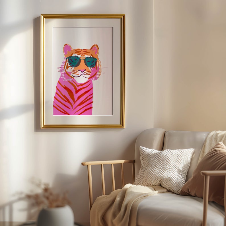 Pink Tiger Wall Art Prints, Retro Tiger Print, Preppy Maximalist Wall Art, Pink Preppy Wall Art, Coquette Room Decor, Pastel Wall Art image 7