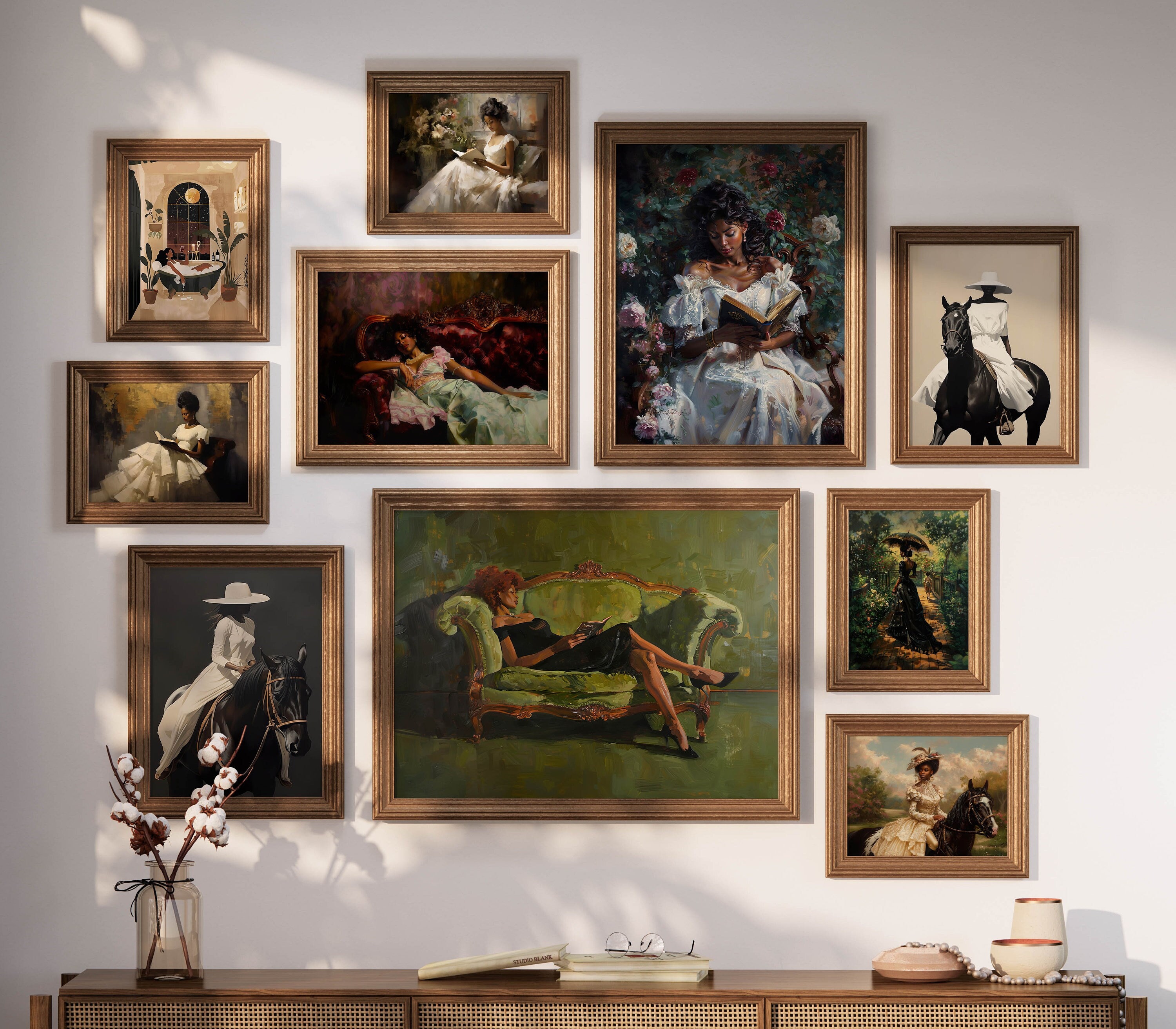 African American Print Gallery Set of 10, African American Victorian Wall Art, Black Woman On Horse Art, Black Art Woman Reading