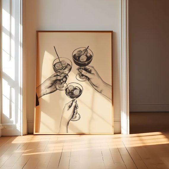 Cheers Wall Art, Cheers Print, Drink Cheers Print, Alcohol Cheers Print, Cocktail Print Wall Art, Vintage Cocktail Print, Bar Prints