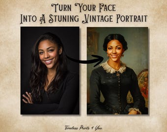 May include: Image showing a before-and-after portrait transformation. The left side features a modern photo of a woman, while the right side displays a vintage-style portrait of the same woman. Text at the top reads "Turn Your Face Into A Stunning Vintage Portrait."