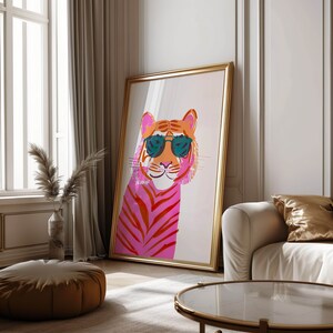 Pink Tiger Wall Art Prints, Retro Tiger Print, Preppy Maximalist Wall Art, Pink Preppy Wall Art, Coquette Room Decor, Pastel Wall Art image 6