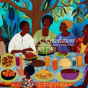 May include: A colourful painting shows a group of people seated around a table, enjoying a meal. The table is filled with food and drinks, set against a backdrop of trees and a blue sky. The text "High Resolution 300 DPI" is visible.