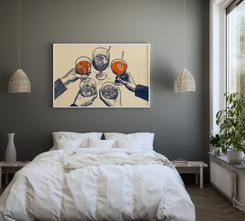 Puede incluir: Una ilustraci&oacute;n vintage de cuatro manos sosteniendo vasos de diferentes bebidas, incluyendo un c&oacute;ctel con una pajita, una copa de vino y dos vasos de whisky. La ilustraci&oacute;n est&aacute; en tonos azules y naranjas sobre un fondo crema.