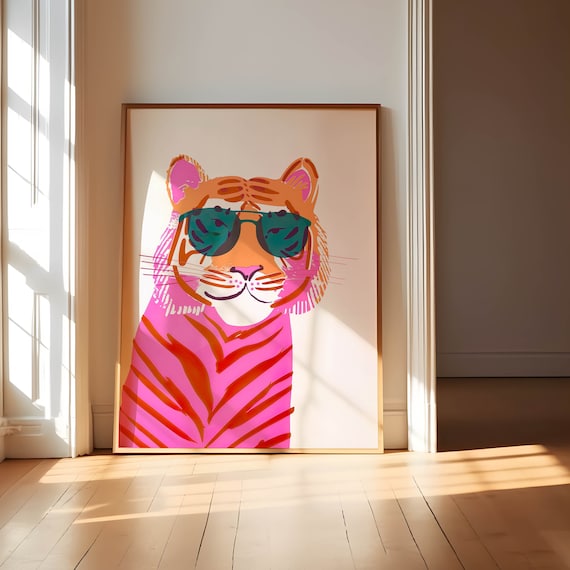 Pink Tiger Wall Art Prints, Retro Tiger Print, Preppy Maximalist Wall Art, Pink Preppy Wall Art, Coquette Room Decor, Pastel Wall Art