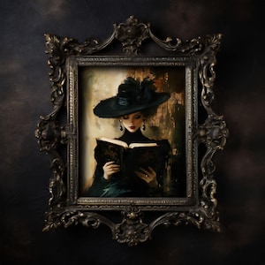 Victorian Woman Reading, Dark Academia Wall Art Print Dark Library Painting, Dark Literature Decor, Gothic Portrait Paintings, Library Art