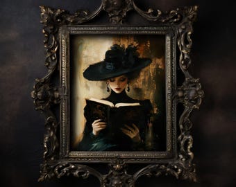 Victorian Woman Reading, Dark Academia Wall Art Print Dark Library Painting, Dark Literature Decor, Gothic Portrait Paintings, Library Art