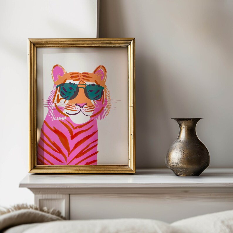 Pink Tiger Wall Art Prints, Retro Tiger Print, Preppy Maximalist Wall Art, Pink Preppy Wall Art, Coquette Room Decor, Pastel Wall Art image 8