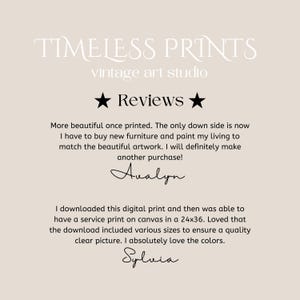 May include: A beige background with the text "TIMELESS PRINTS vintage art studio" in a decorative font. Below, the word "Reviews" is centered between two black stars. Customer reviews and signatures are also visible.