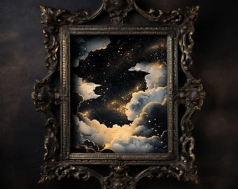 May include: A vintage ornate gold frame with a black background and a painting of a starry night sky with clouds. The clouds are a light beige color and the stars are a light gold color.