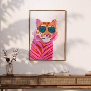 Pink Tiger Wall Art Prints, Retro Tiger Print, Preppy Maximalist Wall Art, Pink Preppy Wall Art, Coquette Room Decor, Pastel Wall Art image 2