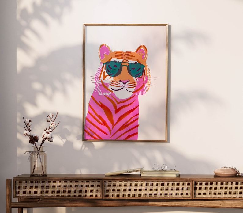 Pink Tiger Wall Art Prints, Retro Tiger Print, Preppy Maximalist Wall Art, Pink Preppy Wall Art, Coquette Room Decor, Pastel Wall Art image 2