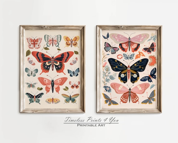 Boho Butterfly art, Butterfly set of 2, Floral Butterfly Art, Boho Butterfly Print, Butterfly Gallery Wall Art, Butterfly Art Nursery